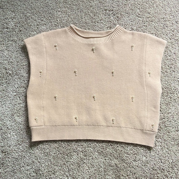 LAST CHANCE! Mable • Tan Sweater Knit Crop with Pearl Embellishments - Picture 1 of 12